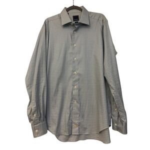 David Donahue Trim Fit Dress Shirt Mens 17 36/37 Blue Yellow Micro Check Cotton
